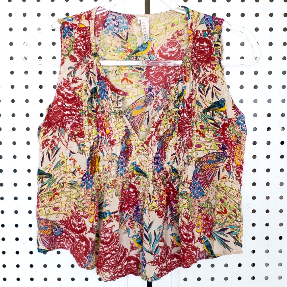 RAGA Womens SIZE M Floral Sleeveless Crop Top Boho Tropical Peacock Bird